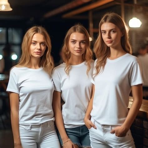 Tres Mujeres Con Camisas Blancas Se Paran En Un Bar Y Posan Para Una