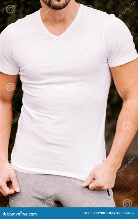 Man Wearing Blank White T Shirt Outdoors Stock Photo Image Of Close