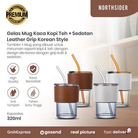 Promo Gelas Mug Kaca Kopi Teh Sedotan 320ml Tumbler Leather Korean