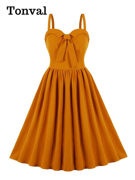 Tonval Ginger Knot Front Summer Vintage Pleated Dress 2023 Women Spaghetti Strap Vacation Party