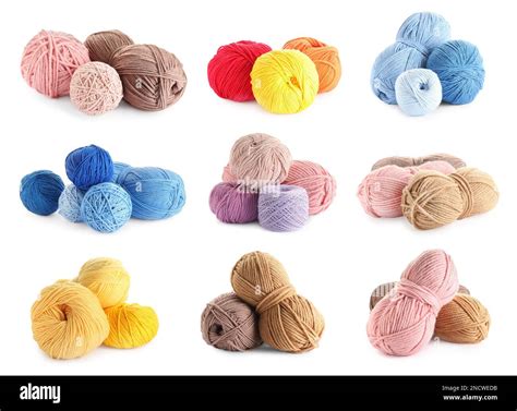 Set With Different Woolen Yarns On White Background Stock Photo Alamy