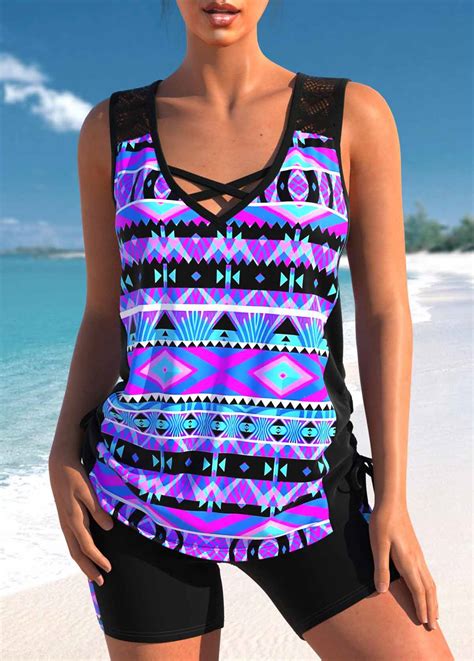 Mid Waisted Tribal Print Lace Black Tankini Set Rosewe Usd