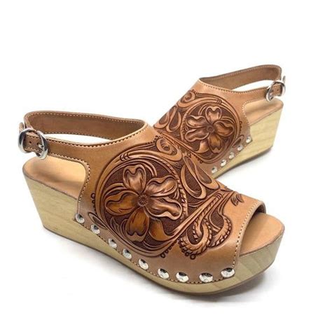 In Stock Select Size From Drop Down Menu To View Photo Hand Tooled Leather Wedge Shoe Made In