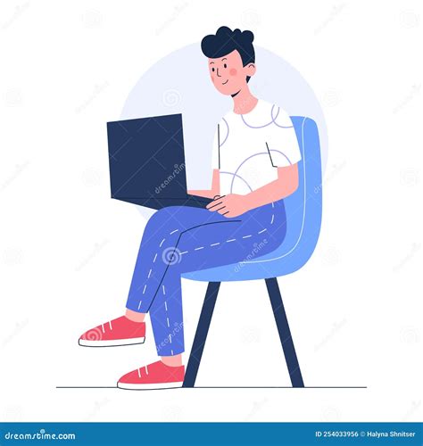 Man With Laptop Sits On Chair Concept Of Working Learning Stock