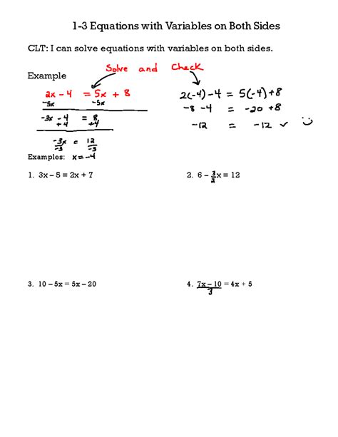 1 3 Equations Variables Both Sides Examples 3 10 5x 5x 20 4