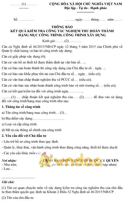 Mẫu thông báo kết quả kiểm tra của cơ quan chuyên môn về xây dựng đối