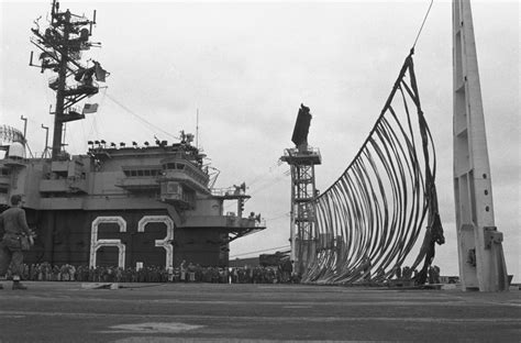 A Mk Barricade Stands Erect On The Flight Deck Of The Aircraft Carrier Uss Kitty Hawk Cv 63