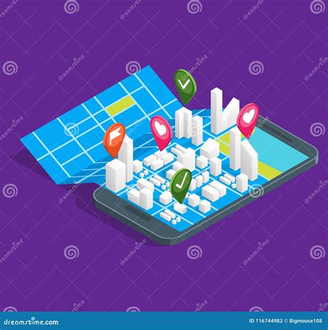 Mobile Gps City Navigation Maps Concept 3d Isometric View Vector Stock