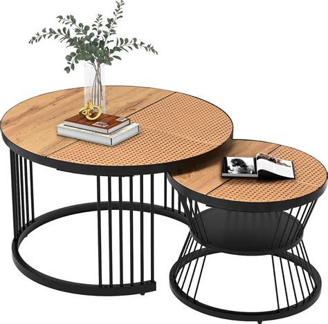 Merax Lot De 2 Tables Basses Rondes En Plastique Avec Motif Rotin