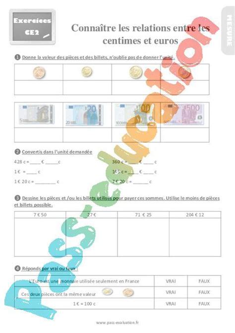 Connaître les relations entre centimes et euros au CE2 Evaluation et