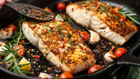 Chef Preparing Grilled Fish Filet In Creamy Butter Lemon Or Cajun Spicy