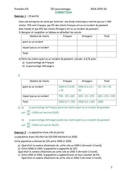 Pourcentages Maths 1ère ES exercices corrigés Dyrassa