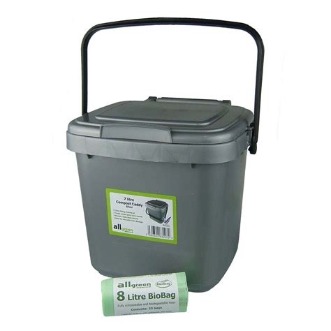 All Green Kitchen Compost Caddy And 25x 8L Biobags Silver Grey For