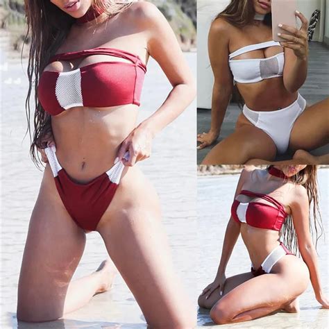 Sexy Women Two Piece Bikini Mesh Stitching Swimwear Bandage Push Up