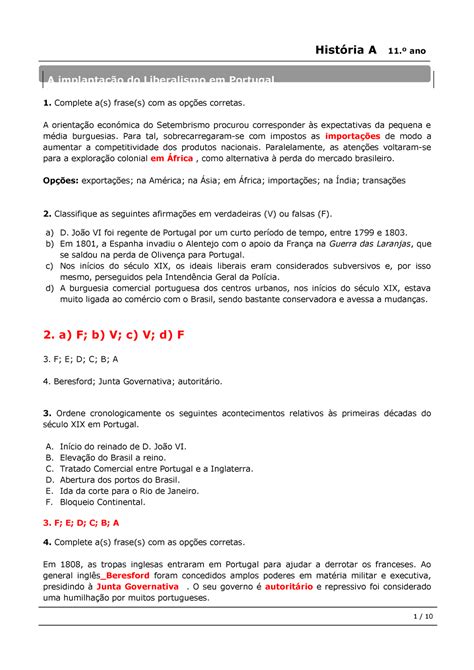 Liberalismo Ficha de Correção 11º ano A implantação do Liberalismo