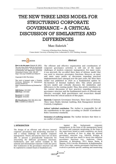 Pdf The New Three Lines Model For Structuring Corporate Governance