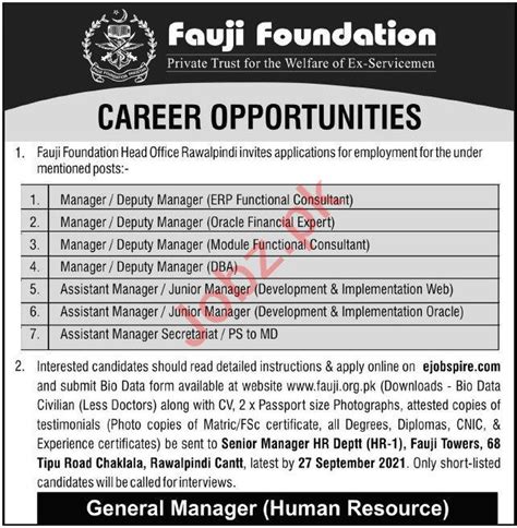 Fauji Foundation Head Office Rawalpindi Jobs 2021 2025 Job