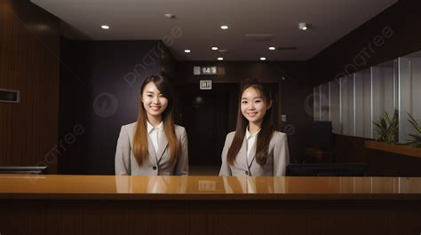 Portrait Of Two Hotel Receptionists In The Lobby Background Business