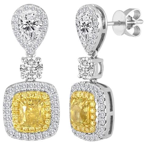 Natural Fancy Yellow Diamond Double Halo Two Color Drop Gold Earring