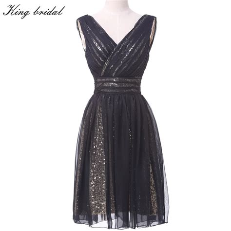 Black Gold Organza Sequin Sexy V Neck Short Evening Dresses 2017