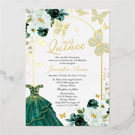 Butterfly Quince Emerald Green Dress Gold Foil Invitation Zazzle