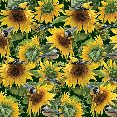 David Textiles Cotton Fabric Sunflowers And Birds 44 Inches