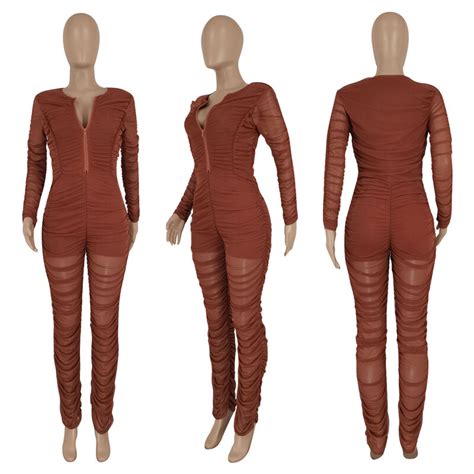 Echoine Sheer Mesh Patchwork Jumpsuit Long Sleeve Zipper Sexy Bodycon