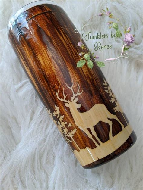 Manly Woodgrain Inlay Tumbler Deer Scene Hunting With Lid And Straw