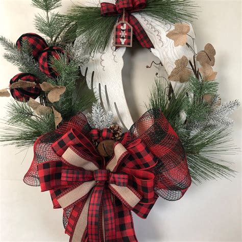 Farmhouse Buffalo Plaid Angel Wing Christmas Wreath Etsy