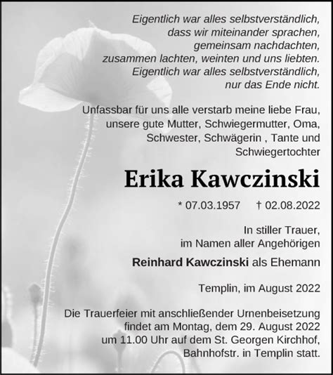 Traueranzeigen Von Erika Kawczinski Trauer Nordkurier