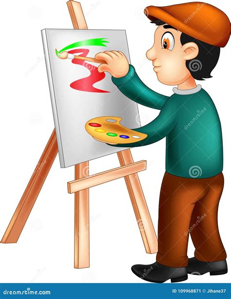 Cute Painter Cartoon Standing With Smile And Painting Stock