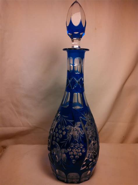 Vintage Bohemian Cobalt Blue Cut To Clear Czech Crystal Decanter Stopper