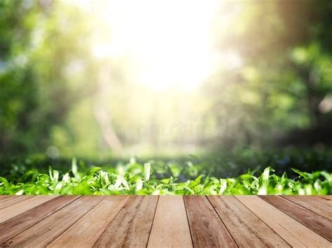 Wooden Table Top Over Green Grass In Summer Garden Stock Image Image Of Flower Bokeh 125787971