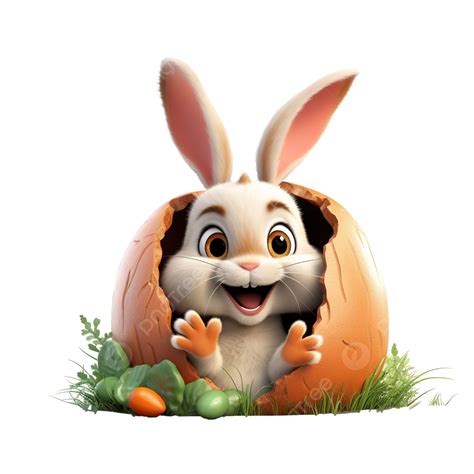 Bunny Character Peeks Out From Egg Carrots Funny Happy Easter Rabbit