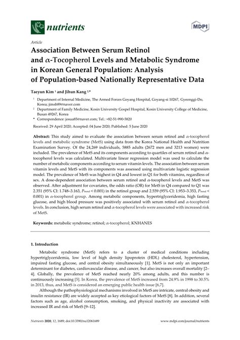 PDF Association Between Serum Retinol and α Tocopherol Levels and