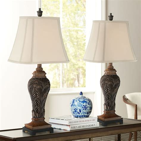 Barnes And Ivy Traditional Leafwork Table Lamps 29 14 Tall Set Of 2 Bronze Vase Light Tan Cut