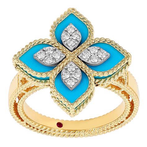 Roberto Coin Princess Flower Turquoise Diamond Ring In Yellow Gold