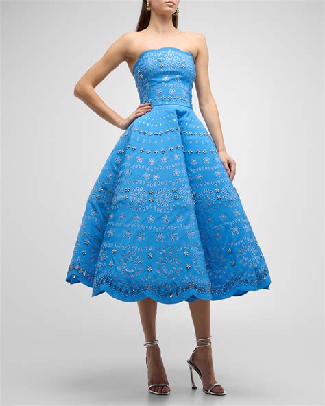 Oscar De La Renta Strapless Crystal Eyelet Scallop Midi Cocktail Dress