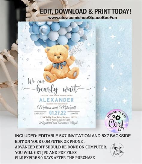 Editable Teddy Bear Baby Shower Invitation We Can Bearly Wait Boy Hot Air Balloon Bear Theme