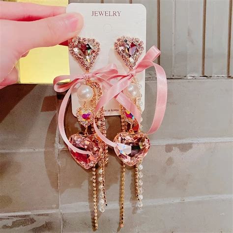 Korean Cute Elegant Yarn Pink Bowknot Heart Crystal Long Tassel Drop