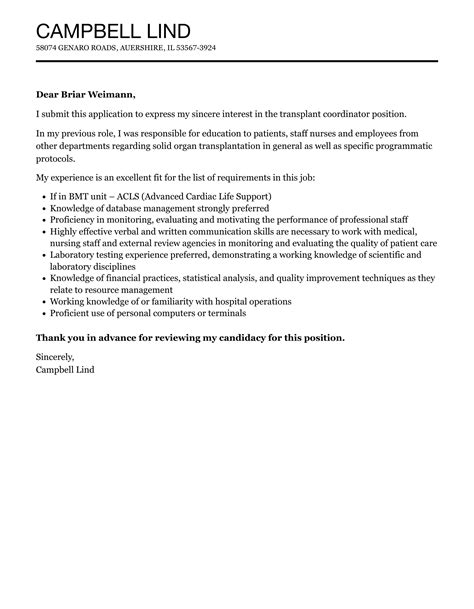 Transplant Coordinator Cover Letter Velvet Jobs