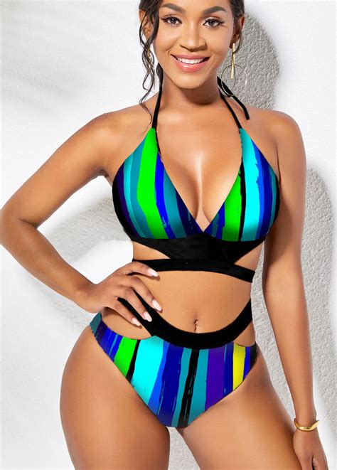 ROTITA Mid Waist Striped Halter Bikini Set Rotita USD 28 98