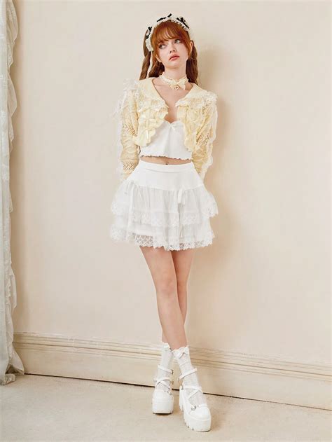 Kawaii Bow Ruffle Trim Pointelle Knit Crop Cardigan Shein Usa