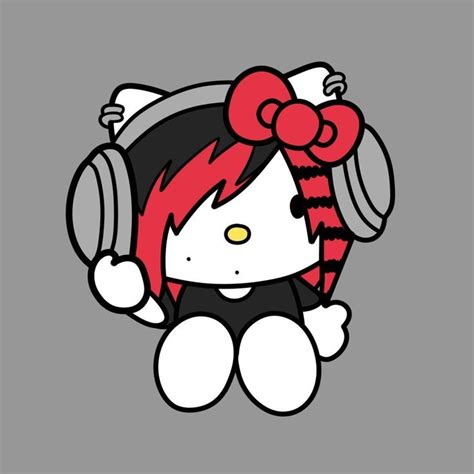 An Image Of Hello Kitty With Headphones Sitting On The Ground In Front