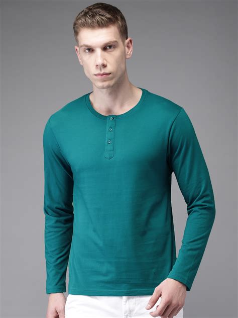 Buy Hereandnow Men Teal Green Solid Henley Neck T Shirt Tshirts For Men