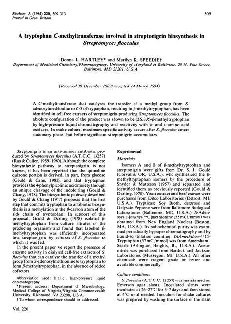 PDF A Tryptophan C Methyltransferase Involved In Streptonigrin