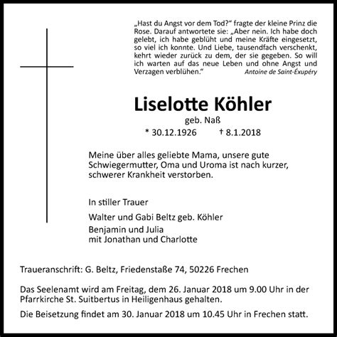 Traueranzeigen von Liselotte Köhler Trauer in NRW de