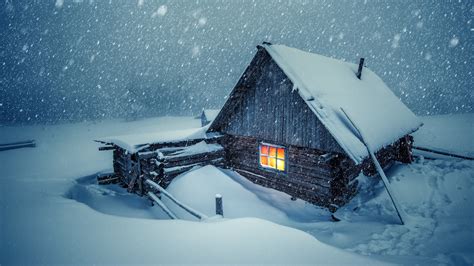 landscape, winter, snow, evening, house, cabin, snowing, lights HD ...