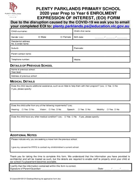 Fillable Online Plentyparklands Ps Vic Edu Student Enrolment Form