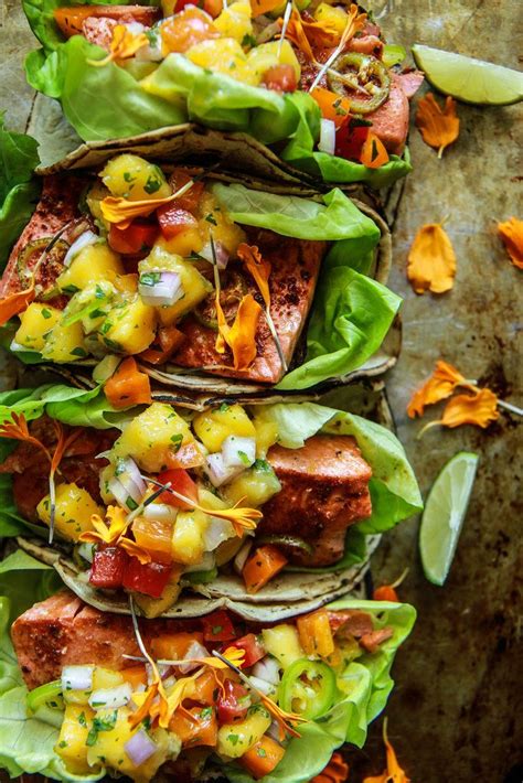 Chili Lime Salmon Tacos With Mango Salsa Heather Christo Recipe Salmon Recipes Healthy